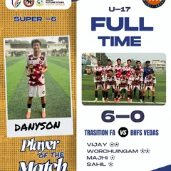 A dominant 6-0 win for my U-17 team against BBFS Vedas, with Danyson named Player of the Match. Our attacking football leads to decisive victories.