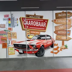 A classic American-style mural for CAAROBAR, featuring a vintage red Mustang and a "Welcome" sign. This piece creates a cool, retro vibe for the entrance of the car accessories shop.
