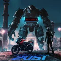 Part of a commercial campaign I created for Pulsar, imagining their iconic bike in the year 2051. Here, a rider faces off against a giant mech, demonstrating how I can integrate a brand's product into a high-energy, futuristic narrative for advertising.