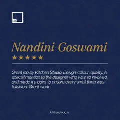 A testimonial from Nandini Goswami, who highlights the great work on her project's design, color, and quality. She gives a special mention to the designer's involvement in ensuring every small detail was perfect.
