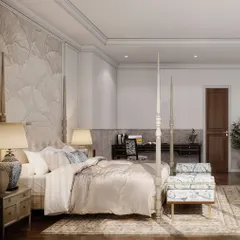For a client's home away from home, I created a bedroom with old-world charm, using period features like wainscoting and a stunning parquet floor. I paired these with a dreamy distressed oak four-poster bed and a mid-century writing desk.