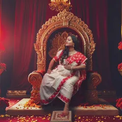 The second shot from our Durga-inspired series, this portrait deepens the storytelling, highlighting her serene power amidst the grandeur of the setup.