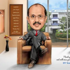 This caricature was designed as a farewell gift for a boss, portraying him as a respected leader in his office setting.