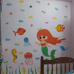 An enchanting underwater-themed mural for a kid's room, featuring a cute mermaid, fish, a seahorse, and an octopus in bright, cheerful colors.