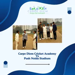 The teams line up before a competitive match between Carpe Diem Cricket Academy and Push Noida Stadium. This image captures the anticipation and readiness for battle on the field.