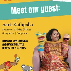 Meet our podcast guest, Aarti Kathpalia, a storyteller and puppeteer. This graphic introduces her expertise in using puppets to teach children important values through laughter.