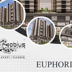 A design board for the 'Euphoria CHS' residential scheme in Kharghar. This graphic highlights key exterior views, emphasizing the clean, modern facade and the integration of the towers with ground-level commercial spaces.