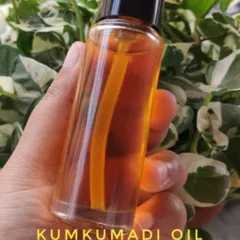 This is my freshly handmade Kumkumadi Oil, a classic Ayurvedic recipe. It's extremely hydrating and works wonders to reduce pigmentation, blemishes, and fine lines for a smoother, glowing skin surface.