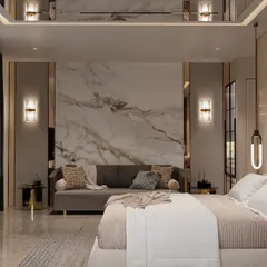 Another view of the master suite, highlighting the full-height marble wall opposite the bed and the elegant wall sconces that provide warm, ambient lighting.