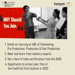 Why join our filmmaking workshop? This graphic details the key benefits: hands-on learning from industry experts, a government-certified certificate, and a chance to screen your film at a festival.
