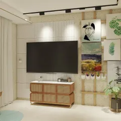 This custom media wall combines a TV unit with a creative gallery display. The cane-fronted console adds a touch of texture, while the wooden ladder structure provides a unique way to showcase art.