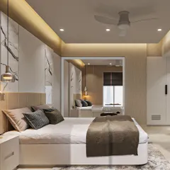 A bedroom designed with soft textures and natural elements. The wall behind the bed features a beautiful marble-patterned panel, while a large mirror cleverly conceals the wardrobe and makes the space feel larger.