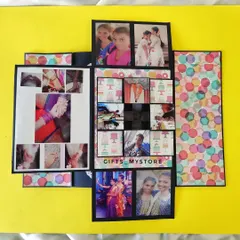 The inside of a colorful handmade scrapbook. Each page is designed with different patterns and has space for photos and journaling.