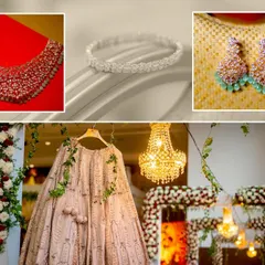 A collage of the bride's reception details, featuring her stunning jewelry set and the elegant lehenga.
