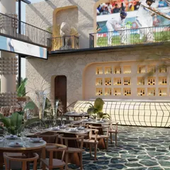 This rendering from our conceptual project, Skyro, showcases our ability to build immersive worlds. Here, we imagined a double-height space with a central fountain and soaring columns, blending mythical grandeur with the raw textures of nature to create a truly transportive dining journey.