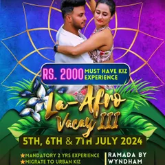 This poster is for our "Switch to Urban Kiz" bootcamp at La Afro Vacay, designed for experienced Kizomba dancers. We offer specialized workshops for different skill levels, from improver to advanced.