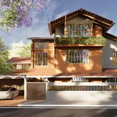 This residence fuses vernacular and contemporary design, featuring exposed brick, a sloping tiled roof, and green terraces for biophilic living. A vaulted carport and a semi-permeable boundary wall balance functionality with a contextually rooted aesthetic.