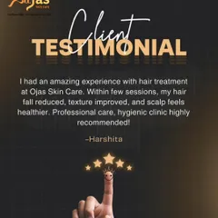 Harshita shares her amazing experience with our hair treatment. She noticed reduced hair fall, improved texture, and a healthier scalp within a few sessions, and recommends our professional and hygienic clinic.