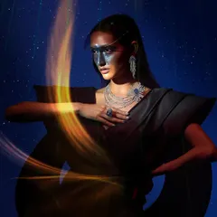 Another look from the Popley Eternal cosmic campaign. The styling combines a dark, structured outfit with futuristic makeup and intricate jewelry, enhanced by light effects to create a powerful, otherworldly image.
