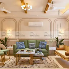 We designed this living room with a soothing, earthy palette. The green sofa adds a pop of color, while the indoor swing and natural wood elements bring a touch of playful comfort to the elegant space.