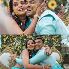 Pure happiness captured in a hug. This couple's Haldi ceremony was full of laughter, messy turmeric paste, and unforgettable moments of affection.