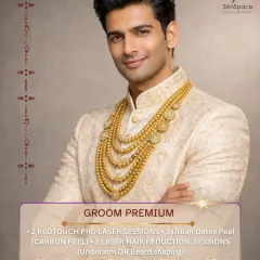 For grooms who want visible refinement without downtime, our Groom Premium package is ideal. It includes RedTouch PRO laser sessions for a collagen boost, an Urban Detox Peel, laser hair reduction for beard shaping or underarms, and laser toning for hands and elbows.