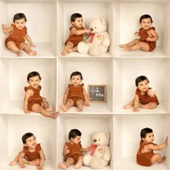 This box collage for a first birthday includes interactions with a teddy bear, adding another layer of sweetness and storytelling to the final image.