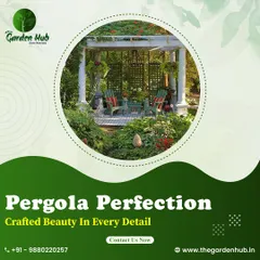 A classic white pergola nestled in a lush garden, creating a picturesque and serene seating area. The lattice work on the sides provides support for climbing plants and adds a traditional, charming detail.