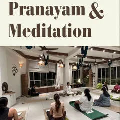 An invitation to our Pranayam and Meditation class. This image captures the serene atmosphere as students sit in quiet contemplation, guided by an instructor.