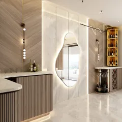 The bar area in our Prestige Woodside render, featuring a curved counter, integrated wine storage, and elegant materials that flow into the living space.