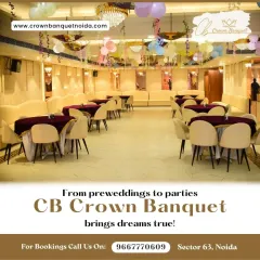 We bring your dream celebrations to life, from pre-wedding events to parties. This image shows our hall decorated with colorful hanging umbrellas and balloons, with tables set with deep purple cloths for an evening event.