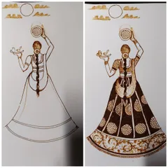 Here is a before and after of a Karwachauth themed design. You can see how the initial outline is filled with intricate patterns and shading to bring the figure to life.