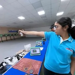 Rishika Singh, a talented 13-year-old from our academy, during the 66th National Shooting Competition where she scored 567 and qualified for the Indian team selection trials.