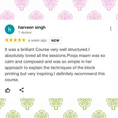 (Image) I was so happy to receive this review from Harveen for my online course. My goal is to make the techniques of block printing simple and inspiring, and I'm thrilled she found the course brilliant and well-structured.