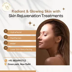 This graphic lists some of my top skin rejuvenation treatments for achieving radiant and glowing skin. I offer a range of options from Hydrafacials and Medifacials to more advanced procedures like MNRF and Laser Skin Resurfacing.
