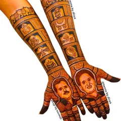 A heartfelt tribute to parents within a bridal mehendi design. This piece features realistic portraits of the bride's mother and father on the palms, with the arms decorated with auspicious wedding symbols.