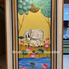 This piece combines the Pichwai style with my 3D relief technique. The cow, calf, lotuses, and trees are all sculpted, giving this traditional art form a unique, modern, and tactile dimension.