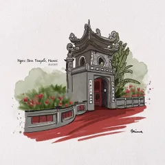 The beautiful Ngoc Son Temple in Hanoi. This architectural illustration shows my watercolor and ink style, perfect for capturing the intricate details of historical buildings and landmarks from your travels.