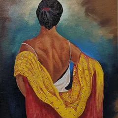 An acrylic painting from my archives, focusing on the human form with rich color and a dramatic background. The yellow and red saree adds a vibrant touch to the composition.
