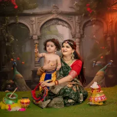 Celebrating your baby's first festivals is so special. For this Janmashtami themed shoot, I created a complete setup with traditional props and costumes to capture this mother and her little Krishna.