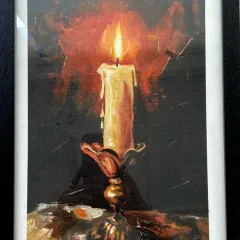 A dramatic and atmospheric oil painting of a candle, created by one of our talented students. The use of light and shadow is exceptional.