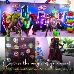 Capture the magic of your event with our instant photo booth and props. For this superhero party, we provided a themed photo booth with fun props like Thor's hammer and Captain America's shield for guests to enjoy.