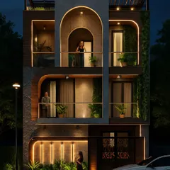 A 3D render showing our design for a 110 sq. yd. residence in Faridabad. We focused on creating a dramatic night-time look with integrated lighting that highlights the modern architectural forms, curved balconies, and vertical green spaces.