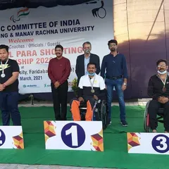 Sriharsha Devaraddi on the top of the podium after winning Gold at the 1st National Para Shooting Championship. His journey is an inspiration to everyone at our academy.