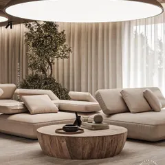 This expansive living room is illuminated by our stretch fabric ceiling light, creating a soft, uniform glow that mimics natural daylight. The fixture provides broad, glare-free illumination, enhancing the room's sense of space and tranquility. It's a perfect example of how lighting can be integrated to feel like a natural part of the architecture.