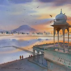 I painted this landscape of the Pushkar ghat on location during a national artist camp. My goal with "en plein air" painting is to capture the raw atmosphere and mood of a place, from the light of the setting sun to the birds in the sky.