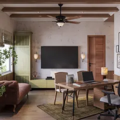 The room is designed to be multi-functional, with a large screen for presentations or entertainment, and comfortable seating for informal meetings or relaxation.