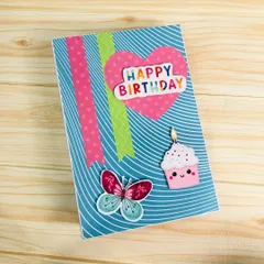The cover of a handmade birthday scrapbook, decorated with cute stickers and a fun, vibrant design to celebrate a special day.