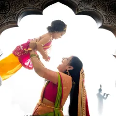 A moment of pure joy between Yashoda and her little Krishna. Using backlighting and a traditional archway, I create dramatic and emotional silhouettes that feel both divine and deeply personal.