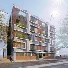 This is a visualization of our 'The Concrete Veil' project in Bengaluru. The architectural design features a graceful concrete facade interwoven with exposed brick and expansive windows, creating an elevation of enduring elegance for this residential complex.